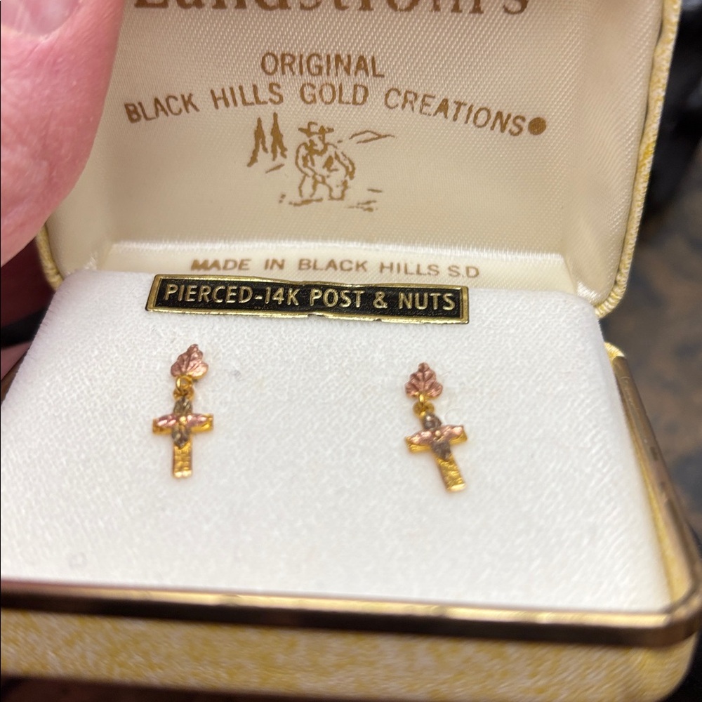 Vintage Landstrom's Black Hills Gold Cross Dangle‎ Earrings